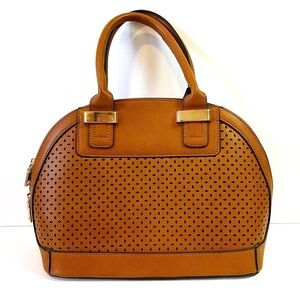 Brown Double Top Handle Satchel Handbag Vegan Leather Hard Side Classic